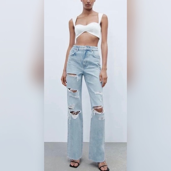 Zara Denim - Zara High Waisted Wide Leg Ripped Jeans